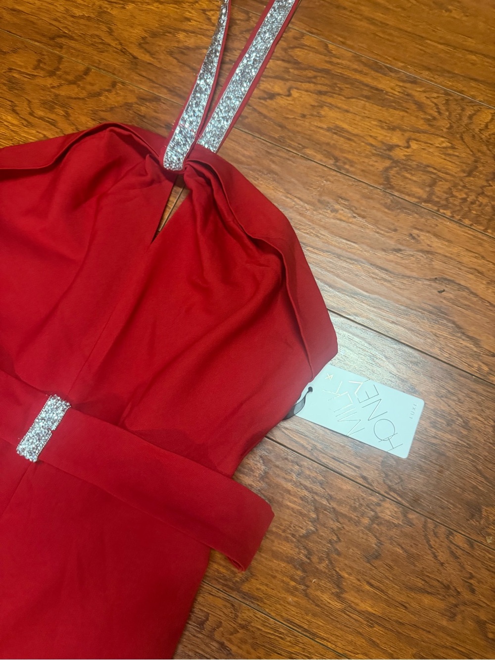 Red Rhinestone-Strap Halter Jumpsuit - Picture 4 of 6